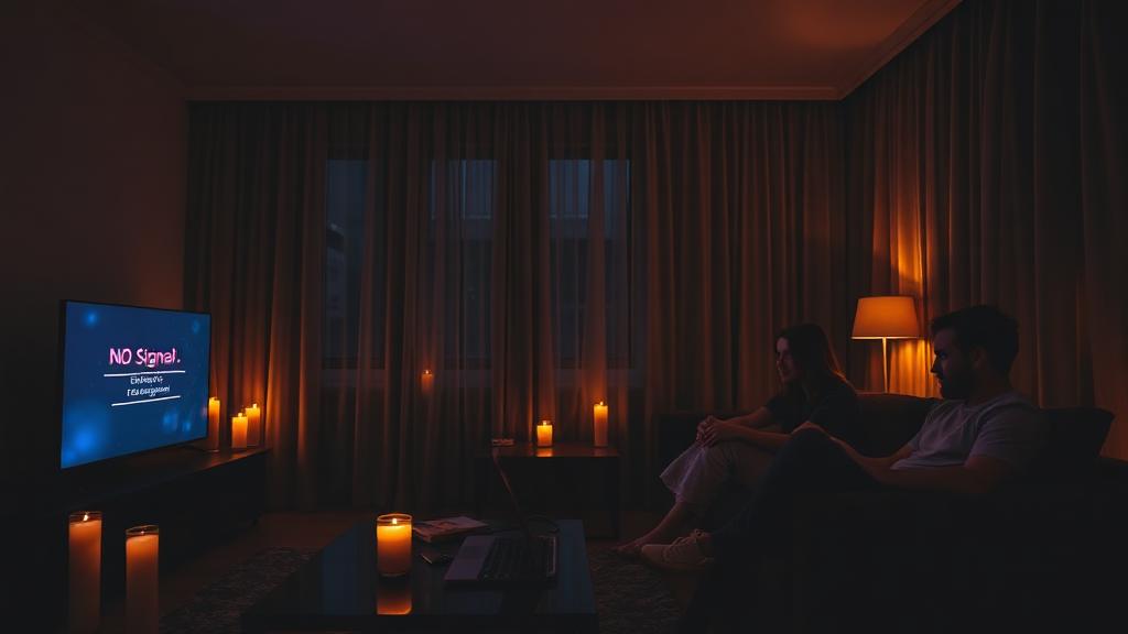 Rodina v tmavém obýváku při výpadku internetu - TV bez signálu, svíčky